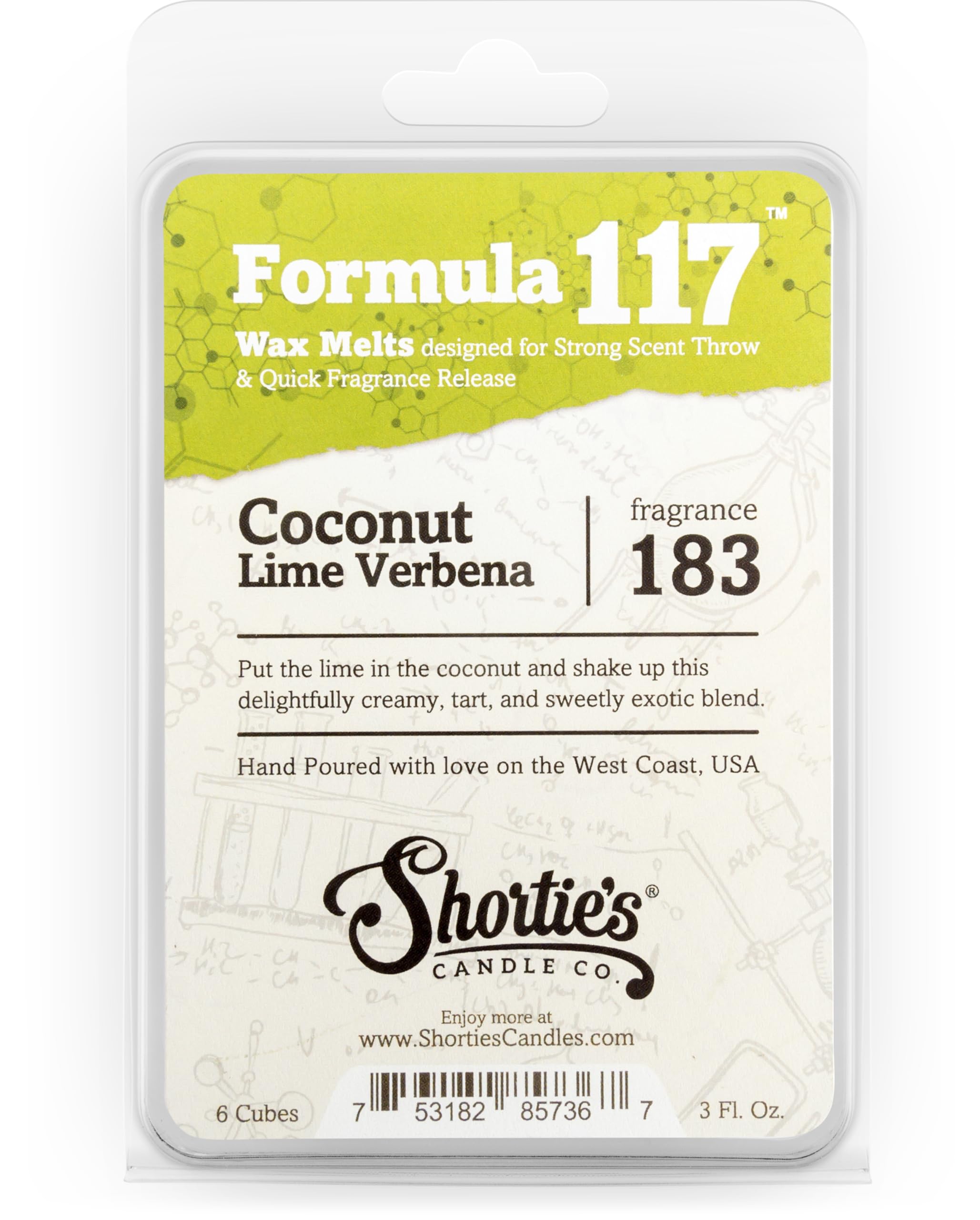 Shortie's Candle Company Coconut Lime Verbena Wax Melts - Formula 117-1 Highly Scented 3 Oz. Bar - Made with Natural Oils - Frui